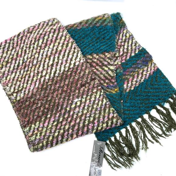 Renne's NYC Women's Knit Scarf in Teal Multi, Soft Rectangle Scarf w/ Fringe - Picture 1 of 7
